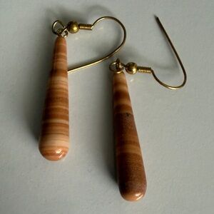 Striped Brown Teardrop Gemstone Earrings with Gold Tone Wires